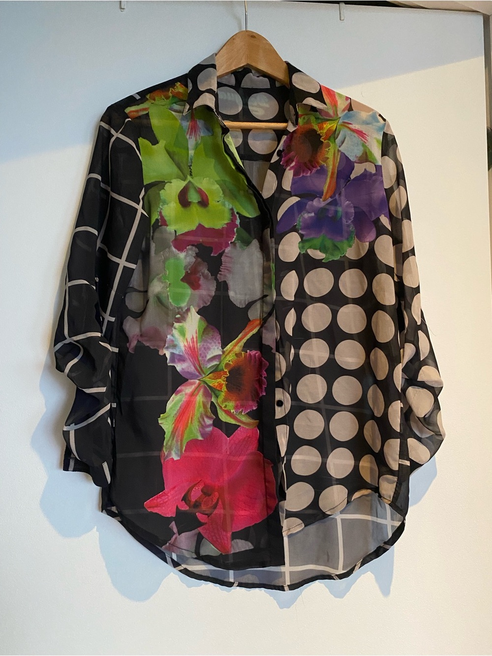 Desigual Black Sheer Blouse with Multicolor Floral & Polka Dot Panels